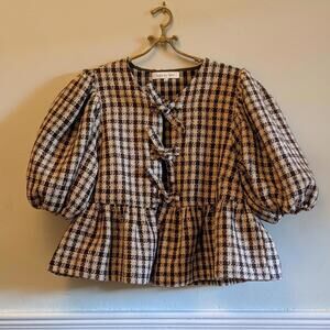 Sofie The Label Nora Plaid Puff Sleeve Peplum Blouse - Vintage Inspired
